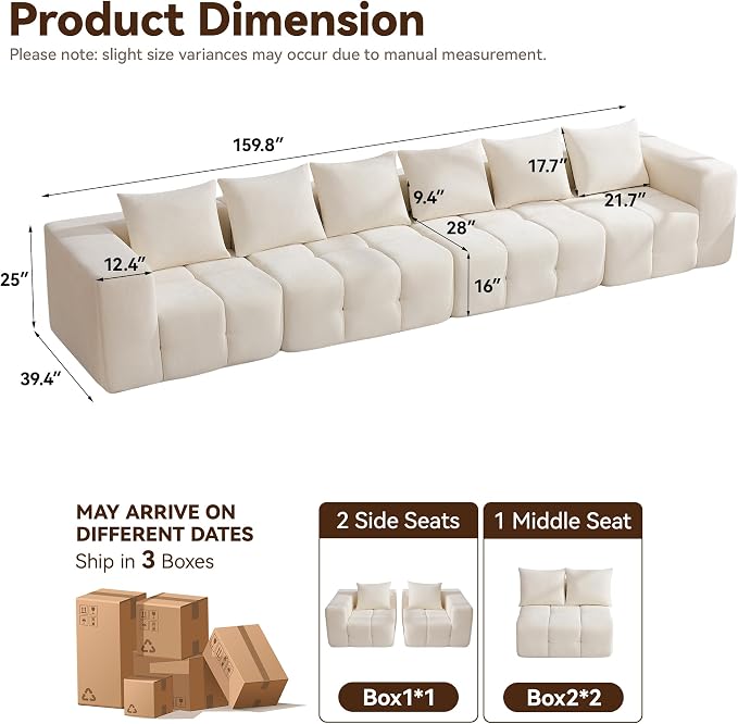 160" Oversized 6 Seater Boneless Couch, Comfy Cloud Modular Sectional Sofa with Deep Seat, Modern Boneless Memory Foam Couches for Living Room, Tufted Sofa, No Assembly Required, Beige