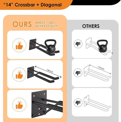 14" Garage Hooks Heavy Duty 4-Pack - Garage Storage System Hooks, Ladder Hooks for Garage Wall & Broom Holder Wall Mount | Non-Slip Tire Rack & Heavy Duty Wall Hooks for Hanging Ladders, Chairs.