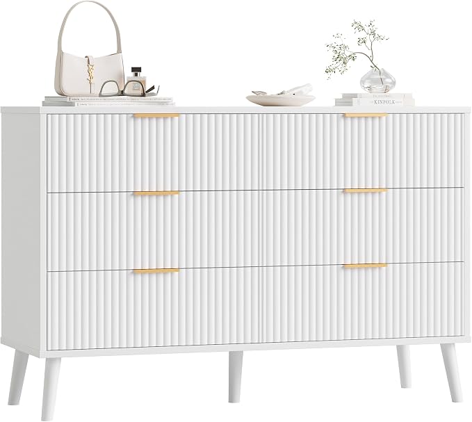 Fluted 6 Drawers Dresser for Bedroom, Wooden Wide Chest of Drawers with Metal Handle, Dresser TV Stand, Closet Storage Organizer for Entryway, Living Room, Hallway (White)