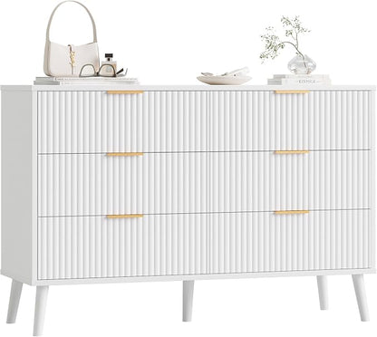 Fluted 6 Drawers Dresser for Bedroom, Wooden Wide Chest of Drawers with Metal Handle, Dresser TV Stand, Closet Storage Organizer for Entryway, Living Room, Hallway (White)