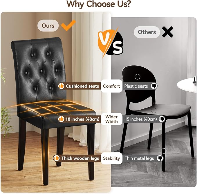 Welzona Upholstered Dining Chairs Set of 6, Button Tufted Parsons Dining Chair with Solid Wood Legs, Modern PU Leather Side Chair for Dining Room/Kitchen/Restaurant/Hotel- Black