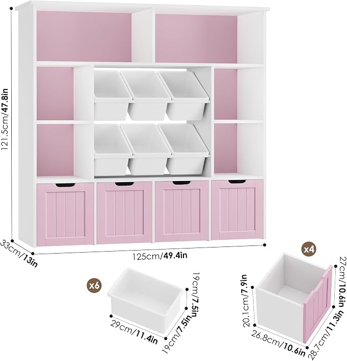 FINETONES Toy Storage Organizer with 6 Toy Bins, Toy Organizer Kids Bookshelf with 4 Movable Drawers and 6 Storage Cubbies, Toy Bins for Kids Organizer Playroom Storage for Living Room, Pink
