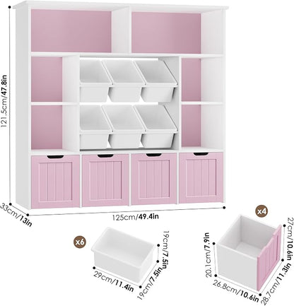FINETONES Toy Storage Organizer with 6 Toy Bins, Toy Organizer Kids Bookshelf with 4 Movable Drawers and 6 Storage Cubbies, Toy Bins for Kids Organizer Playroom Storage for Living Room, Pink