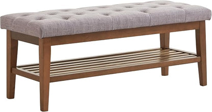 HUIMO Entryway Shoe Bench, End of Bed Bench,Upholstered Button-Tufted Bench for Kitchen, Fabric Ottoman Bench for Living Room, Padded Bench with Solid Wood Shelf,Grey