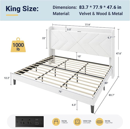 Allewie King Size Platform Bed Frame with Charging Station and Storage Shelf/Upholstered Velvet Wingback Headboard/Wooden Slats Support/No Box Spring Needed/Easy Assembly, White