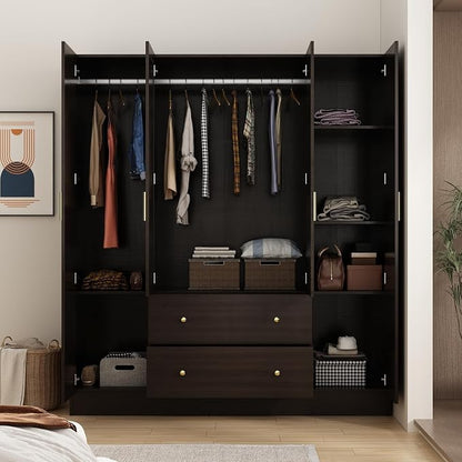 ECACAD Dark Brown Wardrobe Armoire with Mirror, 5-Tier Shelves, 2 Drawers, 2 Hanging Rods and 4 Doors, Wooden Closet Storage Cabinet for Bedroom (63”W x 19.7”D x 70.9”H)