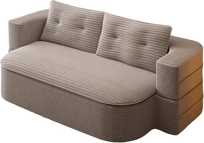 78.7" Futon Sofa Bed, 2-in-1 Foldable Sleeper Sofa, Convertible Sofa Bed with Pillows, Corduroy Couch with Multi Functional Blanket Upholstered Boneless Couches for Living Room, Brown