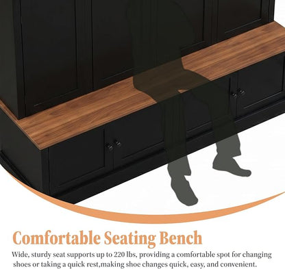 Hall Tree with Bench and Shoe Storage,Shoe and Coat Rack with Drawer and Hooks,Farmhouse Furniture for Entryway,Mudroom,Living Room,Black (Black, 59" W)