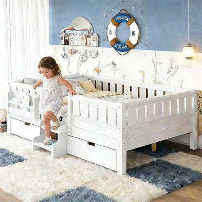 Bellemave Full Size Bed Frame with Storage Drawers & Bookshelf, Low Profile Kids Bed with Staircase & Full Length Guardrails, Solid Wood Full Size Bed Frame Kids with Slats Load 450 LBS, White
