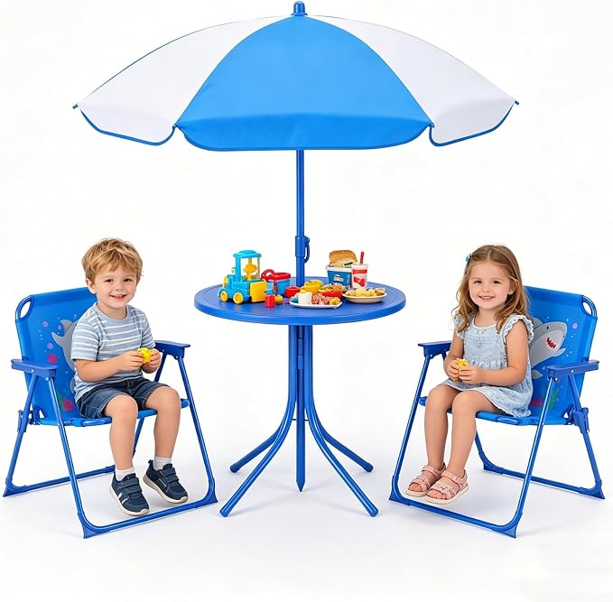 HONEY JOY Kids Picnic Table, Animal Themed Toddler Outdoor Table and Chair Set, 2 Folding Chairs & Removable Umbrella, Children Outdoor Furniture for Backyard Patio Garden (Blue Shark)