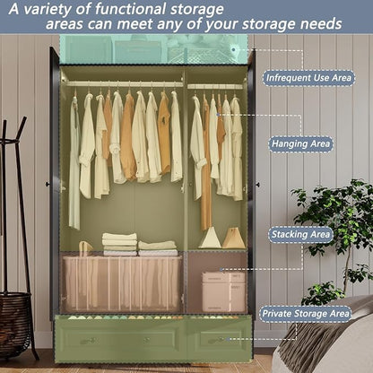 Armoire Wardrobe Closet with Drawers: 74" Black Tall Wardrobe Cabinet with Hanging Rod, Wooden Closet with 3 Doors and 2 Drawers, Modern Bedroom Armoires