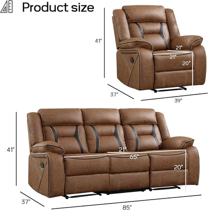 EBELLO Manual Recliner Sofa Set, Faux Leather Reclining Living Room Furniture Set, Included Recliner Chair and 3 Seat Manual Recline Sofa, Brown
