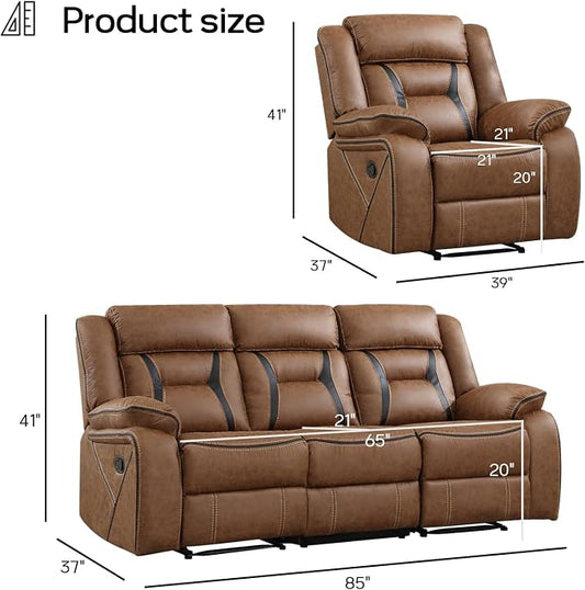 EBELLO Manual Recliner Sofa Set, Faux Leather Reclining Living Room Furniture Set, Included Recliner Chair and 3 Seat Manual Recline Sofa, Brown