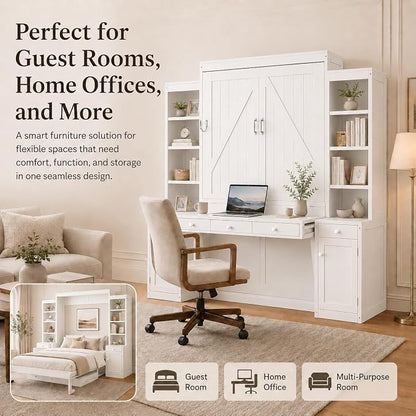 Queen Murphy Bed with Desk, Wall Bed Cabinet with Storage Shelves, Enclosed Cabinets and Hidden Foldout Workstation, Folding Cabinet Bed, Space Saving Bed for Guest Room, Home Office (Antique White)