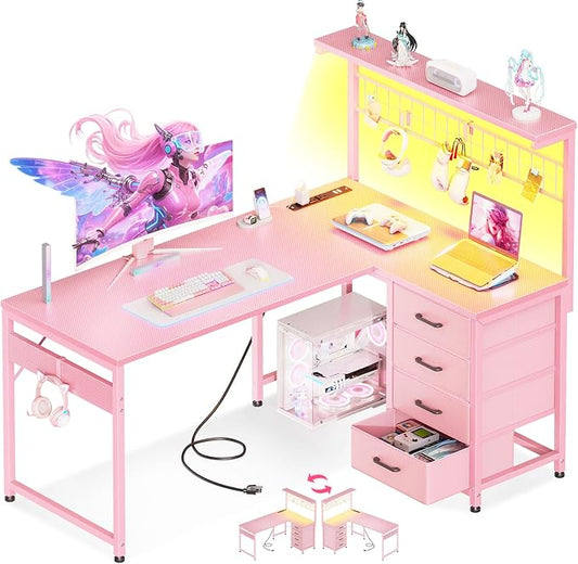 MOTPK L Shaped Gaming Desk with Drawers & LED Light & Power Outlet, 43" Reversible Computer Table with Shelves & Hooks for Home Office, Carbon Fiber Pink