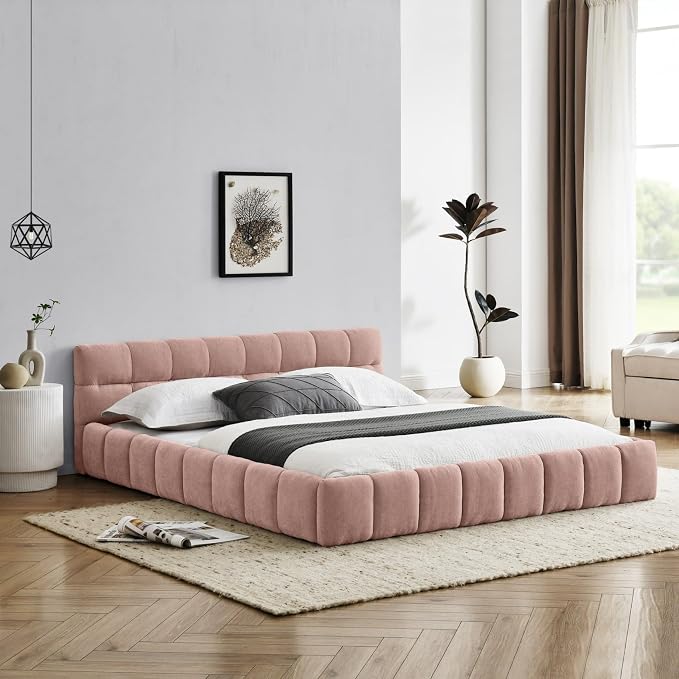 KEIKI Queen Thick Chenille Platform Bed Frame with Upholstered Tufted Headboard, Modern Solid Wood Floor Platform for Bedroom, No Box Spring Needed