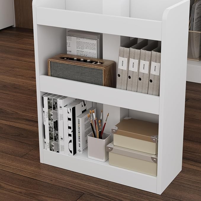 MOUMON L Shaped Standing Desk with Drawers and Shelves, Executive Adjustable Height Desk, L-Shaped Design, 63 inch Tabletop, for Office Oak and White (63”W x 63”D x 28.9-45.3”H)