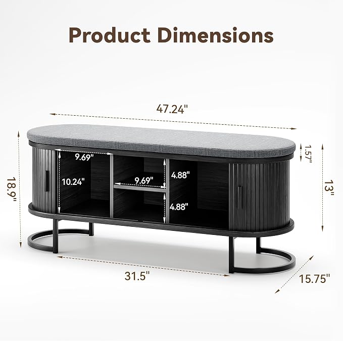 Decofy Shoe Storage Bench with Cushion and Sliding Doors, 47.2 Inch Shoe Bench with Storage, Freestanding Entryway Bench with Storage, Sturdy Metal Feet, for Hallway & Entrance Hall, Black Walnut