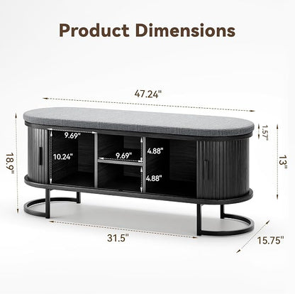 Decofy Shoe Storage Bench with Cushion and Sliding Doors, 47.2 Inch Shoe Bench with Storage, Freestanding Entryway Bench with Storage, Sturdy Metal Feet, for Hallway & Entrance Hall, Black Walnut