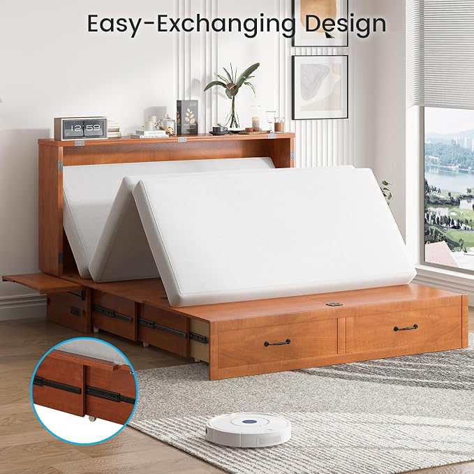 PUREMIND Queen Murphy Bed with Mattress Included, Solid Wood Cabinet Bed with Storage Drawer, USB Charging Ports and Folding Tray, Space Saving Hideaway Murphy Beds Cabinet for Guest Room