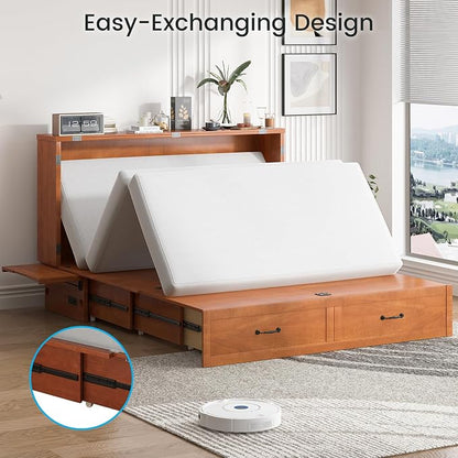 PUREMIND Queen Murphy Bed with Mattress Included, Solid Wood Cabinet Bed with Storage Drawer, USB Charging Ports and Folding Tray, Space Saving Hideaway Murphy Beds Cabinet for Guest Room