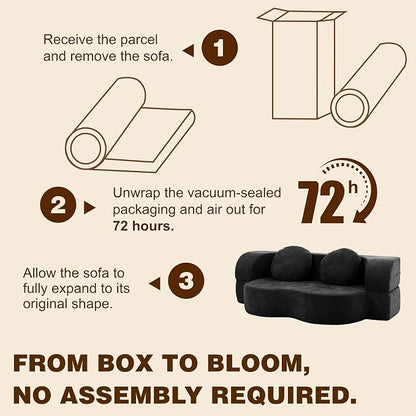 Vongrasig Convertible Sofa Bed, 77” Folding Boneless Couch, Floor Sofa 2-in-1 Curved Couch for Small Living Room, Apartment, Guest Room, Black