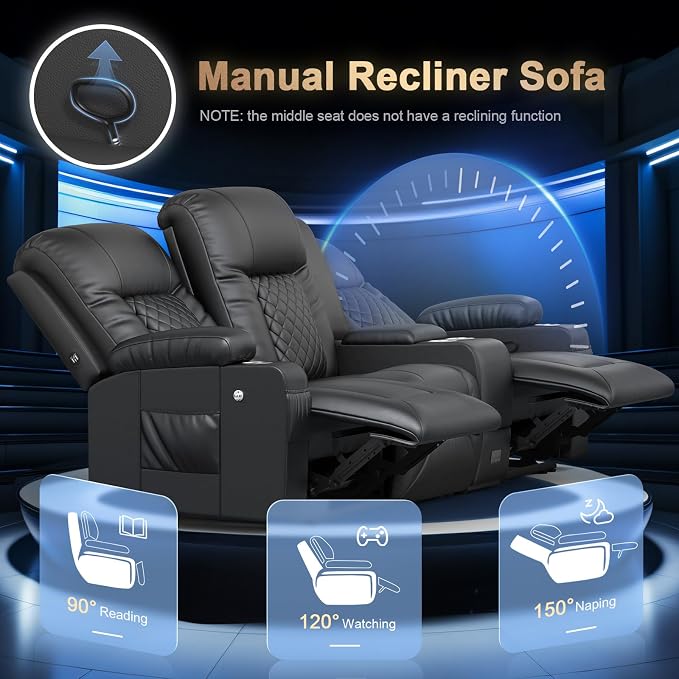 Recliner Sofa, Home Theater Seating with Center Console, 3 Seat Reclining Couch with USB Ports & Phone Holders, Wall Hugger RV Sofa Furniture Loveseat Recliner Couch with Storage & Pocket