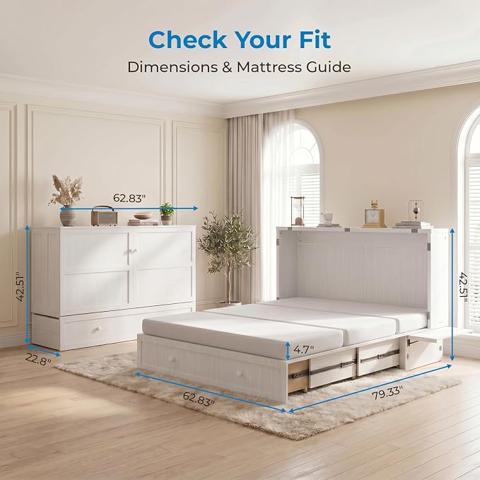Mjkone Murphy Bed Queen Cabinet Bed with Tri-fold Mattress and Built-in USB Charging, 2 Drawers, Bedside Panel, Hidden Guest Beds, Murphy Cube Chest Cabinet Beds for Bedroom, Apartment - White