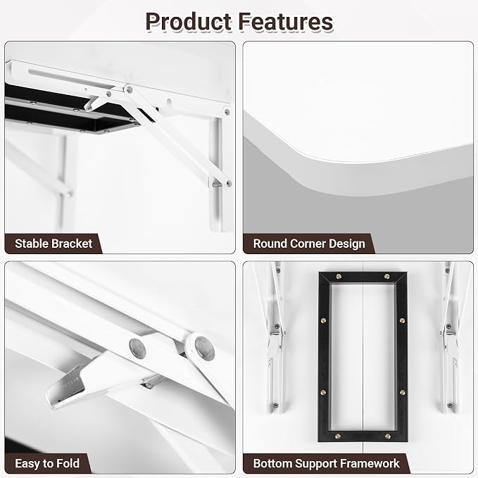 Neoaider Wall Mounted Folding Desk 23.6” x 15.7”, White | Drop Down Table with Metal Collapsible Brackets, Folding Wall Table for Small Spaces, Home, Office, Kitchen, Laundry Room