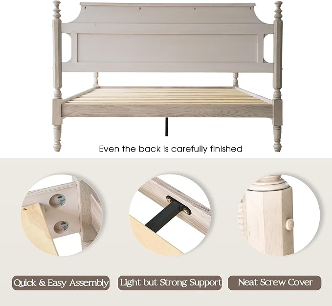 Solid Wood Queen Size Platform Bed Frame with Headboard & Footboard, Metal Legs, 12 Sturdy Slats, Easy Assembly, Anti-Slip & Noise-Free, No Box Spring Needed, Queen Size, Driftwood Gray Oak, ROQ-33