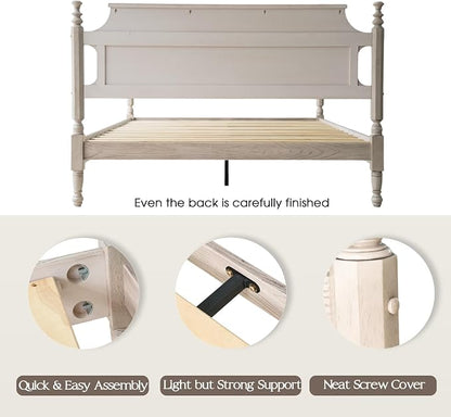 Solid Wood Queen Size Platform Bed Frame with Headboard & Footboard, Metal Legs, 12 Sturdy Slats, Easy Assembly, Anti-Slip & Noise-Free, No Box Spring Needed, Queen Size, Driftwood Gray Oak, ROQ-33