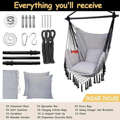 Hammock Chair Hanging Rope Swing Chair,Max 450 Lbs, Large Hanging Chair with Pocket, 2 Cushions, Removable Steel Bar, Hardware Kit Included, Superior Comfort for Indoor Outdoor (Light Grey)