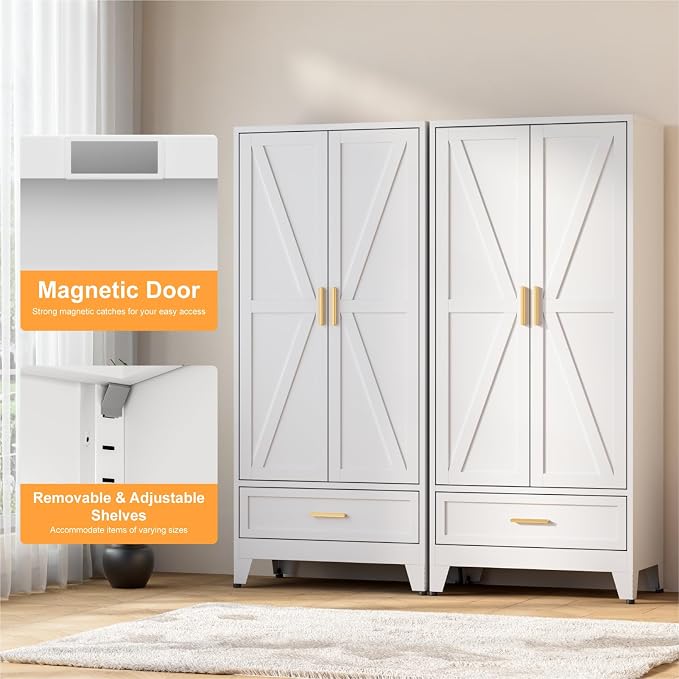 COFaR 71 Farmhouse Metal Wardrobe Closet with Hanging Rod, 2 Barn Doors, Adjustable Shelves, Steel Armoire with Drawer for Home, Bedroom White