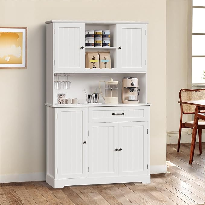 Gizoon Tall Kitchen Storage Cabinet with Door and Shelves, 67" Kitchen Pantry Cabinet Large Coffee Bar Hutch with Storage for Dining Room, Painted White