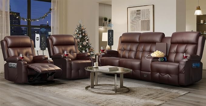Recliner Sofa Set, Home Theater Seating with Massage, Loveseat Recliner Couch and 2 Recliner Single Chairs with USB, Wall Hugger Reclining Movie Theater Chair with Cup Holders, Drawer for Gaming Room