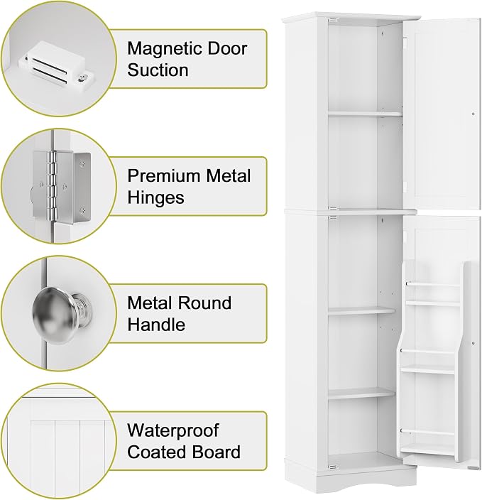 Function Home Tall Bathroom Storage Cabinet, 64" Slim Kitchen Pantry with Door Storage, Narrow Wood Freestanding Cabinets with Adjustable Shelves for Kitchen Living Room Dining Room, White
