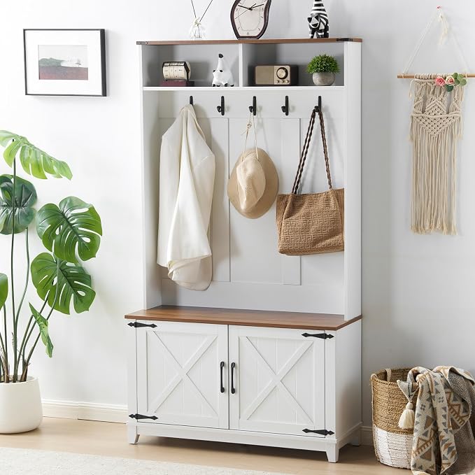 EROMMY 38" Farmhouse Hall Tree with Bench and Shoe Storage, Entryway Bench with Coat Rack, 2 Open Compartments, 5 Coat Hooks, Barn Door & Adjustable Shelf, Rustic White and Brown