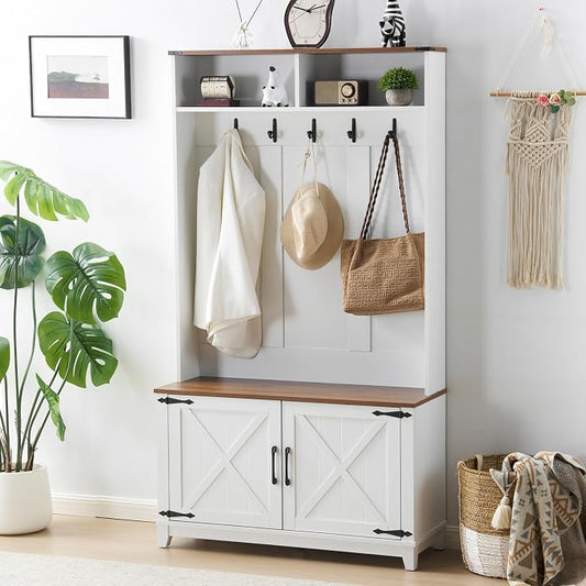 EROMMY 38" Farmhouse Hall Tree with Bench and Shoe Storage, Entryway Bench with Coat Rack, 2 Open Compartments, 5 Coat Hooks, Barn Door & Adjustable Shelf, Rustic White and Brown