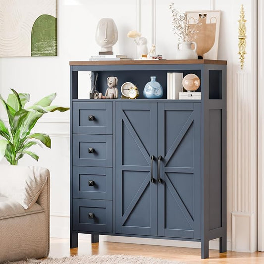 Vabches Farmhouse Storage Cabinet with 2 Doors and 4 Drawers, Freestanding Bathroom Compartment Kitchen Pantry Cabinet, Floor Cupboard for Kitchen/Living Room/Bathroom,Blue