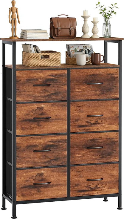 8 Drawers Dresser with Open Shelf, 46" Tall Storage Organizer Chest of Drawer with Wooden Top, Sturdy Metal Frame for Bedroom, Hallway, Living Room, Brown