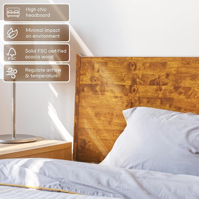 Acacia Haven King Premium Wooden Platform Bed, 100% Solid Wood Platform Bed with Headboard, Wood Slat Support & No Box Spring Needed, Effortless Assembly, 800 lbs Capacity, Caramel.