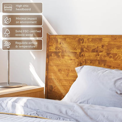 Acacia Haven King Premium Wooden Platform Bed, 100% Solid Wood Platform Bed with Headboard, Wood Slat Support & No Box Spring Needed, Effortless Assembly, 800 lbs Capacity, Caramel.