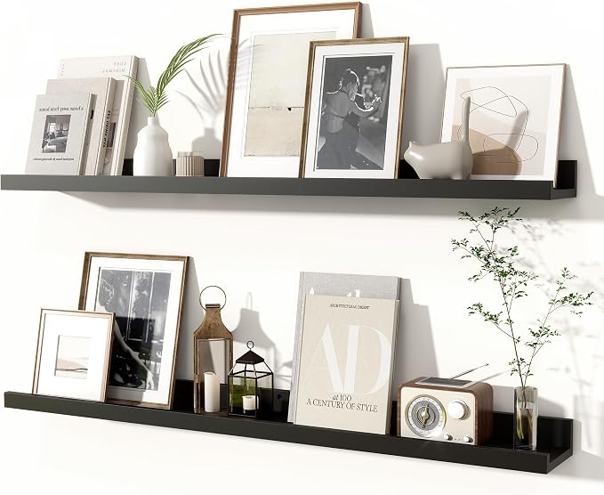 Fun Memories Picture Ledge Shelves Set of 2, 36 Inch Rustic Wall Mounted Floating Shelves with Lip for Home Storage and Décor in Bathroom, Kitchen, Nursery, Bedroom, Living Room, Black