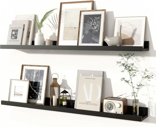 Fun Memories Picture Ledge Shelves Set of 2, 36 Inch Rustic Wall Mounted Floating Shelves with Lip for Home Storage and Décor in Bathroom, Kitchen, Nursery, Bedroom, Living Room, Black