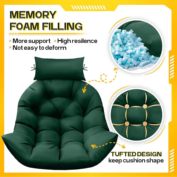MAGIC ELEPHANT Egg Chair Cushion, Memory Foam Hanging Egg Chair Cushion Replacement, Indoor Outdoor Hammock Basket Swing Cushion with Headrest (Green)
