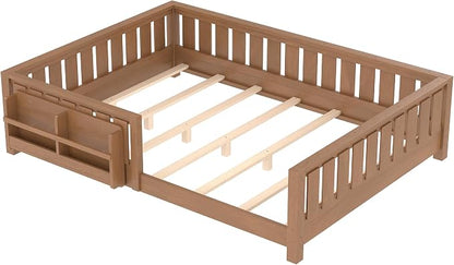 Bellemave Natural Montessori Floor Bed with Fence and Slats, Queen Size Montessori Floor Bed with Bookcase and High Rails, Easy Assemble Bed Frame for Girls, Boys, Queen