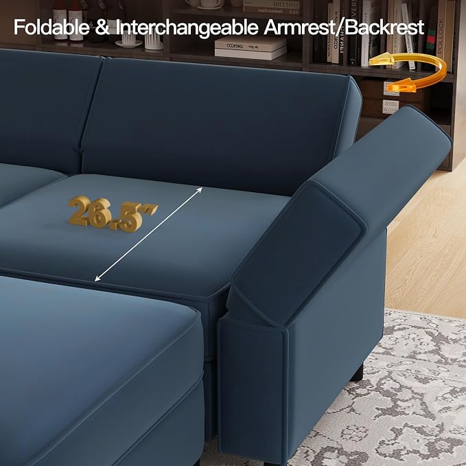 Belffin Modular Sectional Sofa with Ottomans Velvet Reversible Sleeper Sectional Sofa with Chaise Modular Sleeper Sofa Bed with Storage Seat Blue