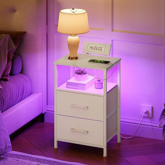HOOBRO Nightstand with Charging Station, Bedside Table with LED Lights and 2 Fabric Drawers, End Table with 2 AC Outlets and USB Port, Small Night Stand for Bedroom, White WT118UDBZ01