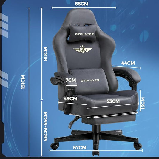 GTPLAYER Gaming Chair Fabric with Pocket Spring Cushion, Big and Tall Gamings Chairs 350LBS High Back Computer Chair with Footrest for Adults Lumbar Support Swivel Game Chair for Office Dark Grey