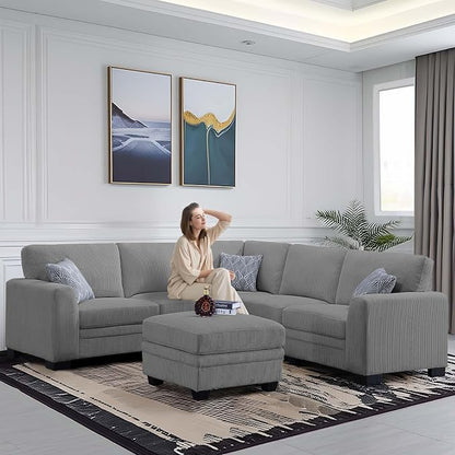 Legend Vansen U-Shaped Modular Sectional Sofa,Corduroy Couch with Ottoman,Deep Seat & Removable Cushion,6-Seat Oversized Sofa,Easy Assembly for Living Room Apartment